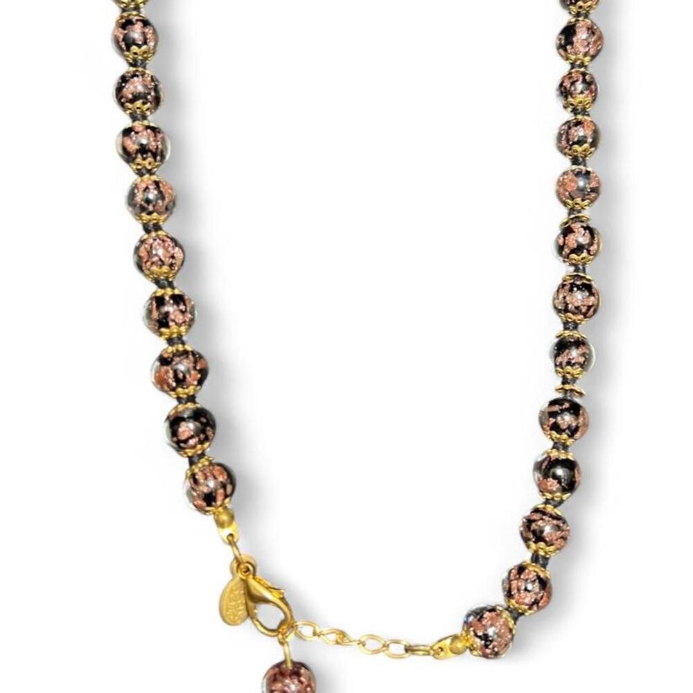 Murano Glass Beaded Necklace Black Copper Gold - Picture 2 of 6